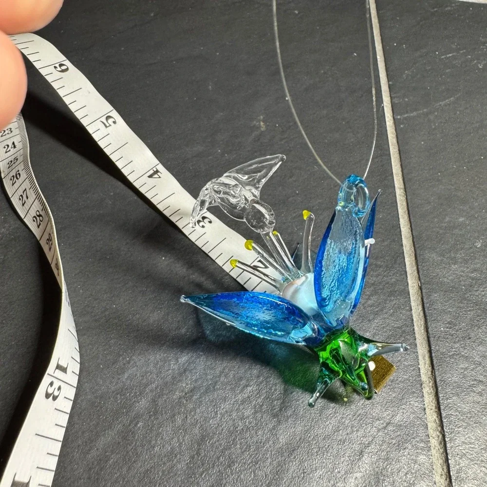Hand‎ Blown Glass Hummingbird Flower Ornament Suncatcher Blue Green Clear 3